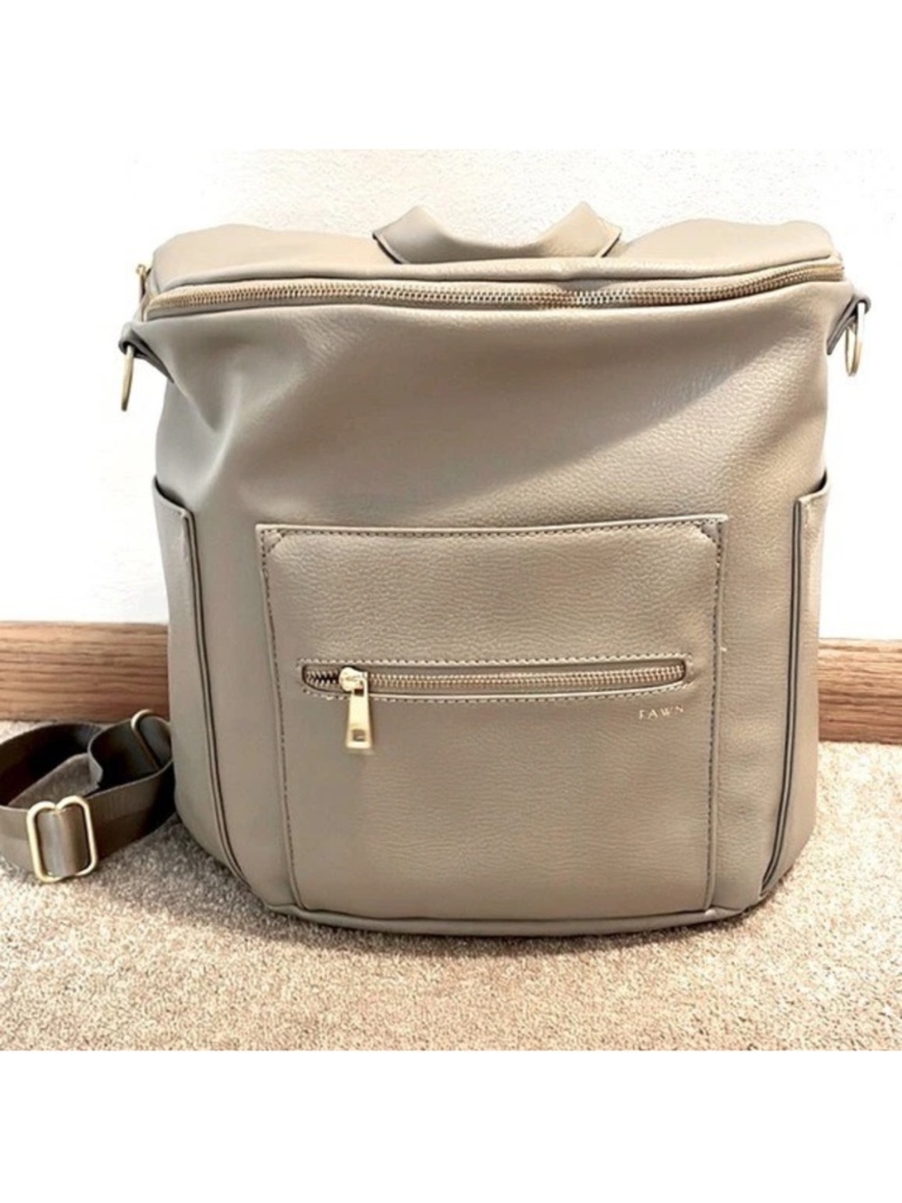 Fawn Design Taupe Faux Leather Backpack or Diaper Bag with Front Zip Pocket